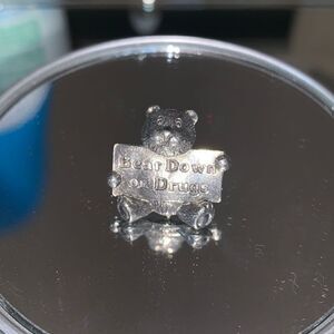 Vtg silver‎ bear holding  “Bear Down on Drugs” sign lapel pin